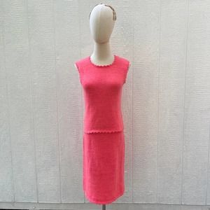 Vintage 80s Coral Pink Knit Skirt Set Sleeveless Top Pencil Skirt Home Made S M